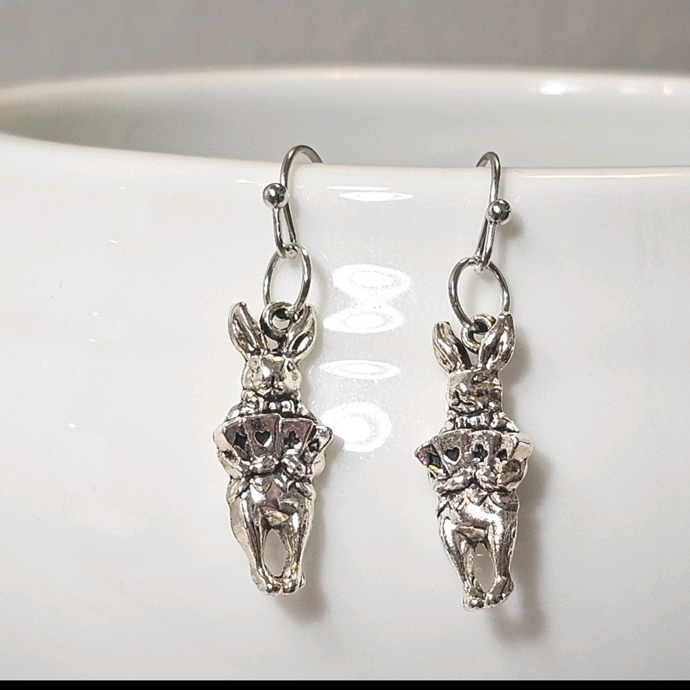 Pair Of Alice In Wonderland Mad Hatter, Bunny Rabbit Silver Alloy Earrings